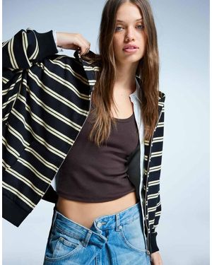 Bershka Striped Hoodie With Zip - Black