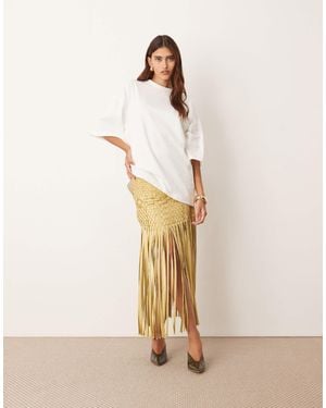 ARRANGE Lattice Handwoven Fringe Hem Midi Skirt - Natural