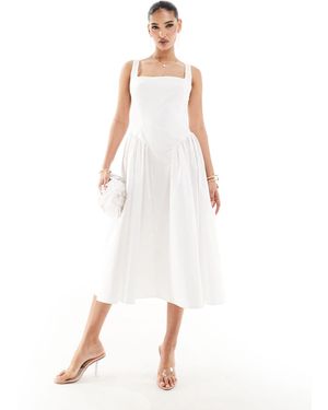 Kaiia Square Neck Puff Hem Midi Dress - White