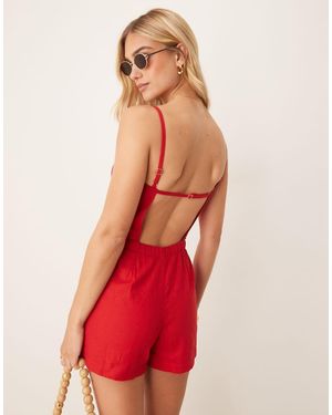 Abercrombie & Fitch Jumpsuit Apron Neck Linen Romper - Red