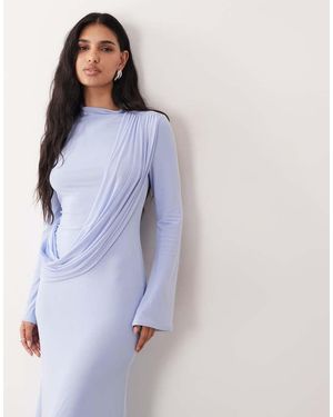 ASOS Mesh Draped High Neck Long Sleeve Maxi Dress - Blue