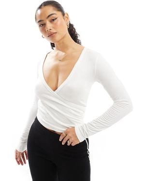 Stradivarius Wrap Detail Long Sleeve Top - White
