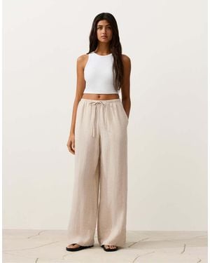 Oysho 100% Linen Straight-Leg Trousers With Seam Detail - Natural