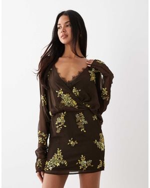 ASOS Batwing Embellished Slouchy Hip Mini Dress With Lace Cami - Brown