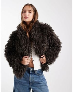 Mango Teen shaggy Fur Coat - Black