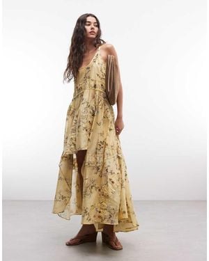 AllSaints Dorina Asymmetric Ruffle Floral Midi Dress - Metallic