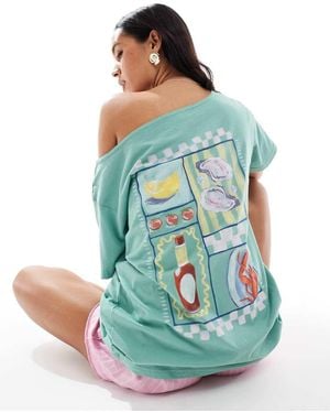 Hollister Camiseta Extragrande De Manga Corta Con Hombro Caído Y Estampado Gráfico De Comida De - Azul