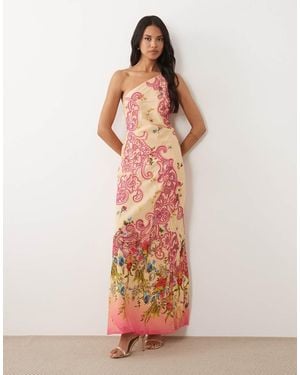 ASOS Cutwork Floral Printed One Shoulder Bias Cut Maxi Dress - Pink