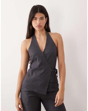 Kaiia Exclusive Tailored Stretch Woven Halterneck Wrap Tie Side Top Co-ord - Black