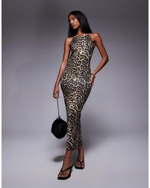 Public Desire High Neck Cowl Back Maxi Dress Leopard - Blue
