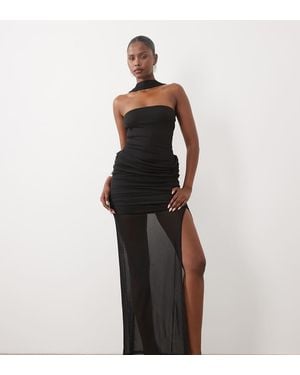 The Frolic Vestido Maxi De Gasa Con Detalle De Gargantilla, Palabra De Honor, Bajo Asimétrico Y Abertura En El Muslo - Negro