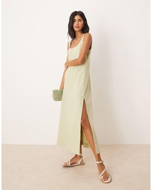 ASOS Vestido Midi Con Cuello Ancho De Algodón Y Lino De - Neutro