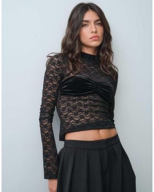 ASOS Top De Encaje Transparente Con Cuello Alto Y Manga Larga, Con Superposición De Terciopelo En El Busto En - Negro