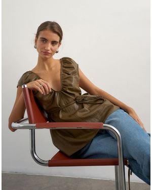 TOPSHOP Faux Leather Deep Neckline Tie Detail Top - Green