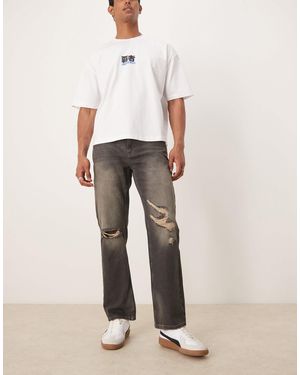 ASOS Straight Leg Jeans With Rips - Natural