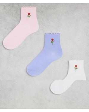 Pieces 3 Pack Rose Embroidered Socks - Blue