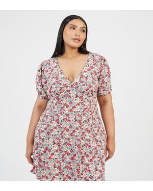 Brave Soul Curve Floral Puff Sleeve V-Neck Mini Dress - Pink
