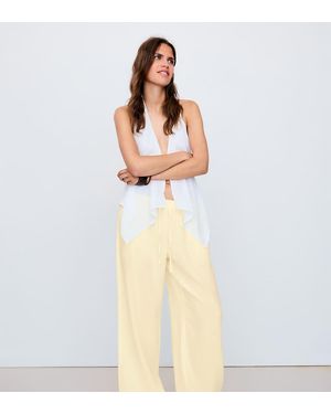 Bershka Tall Linen Blend Trousers With An Elasticated Waistband - Natural