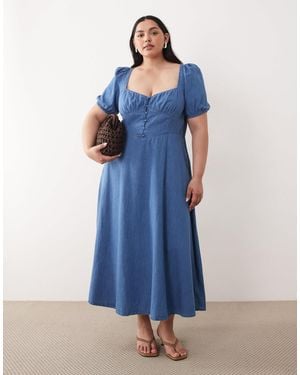 Nobody's Child Denim Button Front Puff Sleeve Midi Dress - Blue