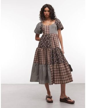 Daisy Street Vestido Semilargo Amplio Con Mangas Abullonadas Y Estampado Floral Y A Cuadros Variado - Marrón
