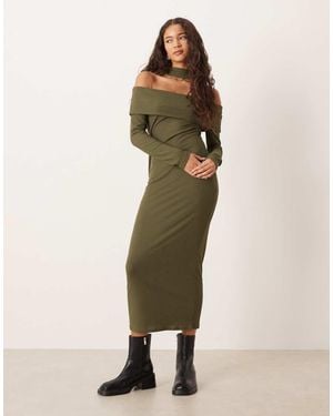 ASOS Ribbed Bardot Midi Dress With Scarf Detail - Natural