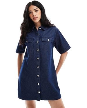 Miss Selfridge Oversized Short Sleeve Denim Shirt Dress - Blue