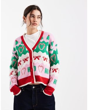 Brave Soul Christmas Print Cardigan With Contrast Trim - Red