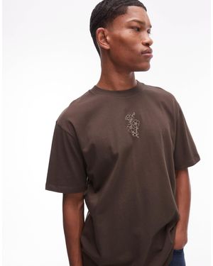 TOPMAN Oversized Fit T-shirt With Floral Embroidery - Brown
