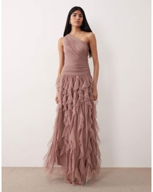 LACE & BEADS Bridesmaid Tulle One Shoulder Waterfall Ruffle Maxi Dress - Brown