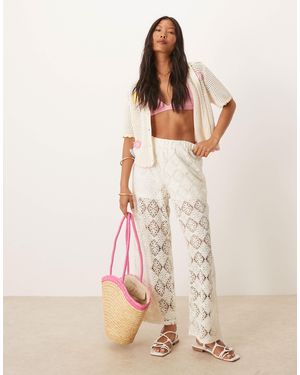 JDY Petite Crochet Wide Leg Trousers With Short Insert - Natural