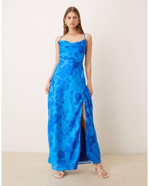 Hope & Ivy Satin Cowl Neck Open Tie Back Thigh Split Maxi Dress - Blue