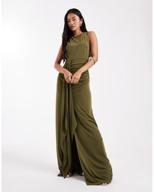 Six Stories Bridesmaids Stretch High Neck Sleeveless Maxi Dress With Ruched Front - Green