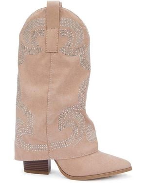 SEQWL Embroidered Western Fold Over Boots Rhinestone Embellished - Natural