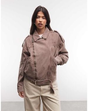 Liquor N Poker Oversized Zip Through Denim Biker Jacket - Brown