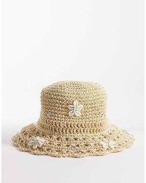 River Island Embroidered Straw Bucket Hat With Faux Shell Trim - Natural