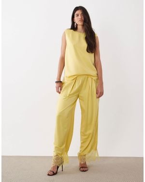 ASOS Satin Wide Leg Pants With Lace - Yellow