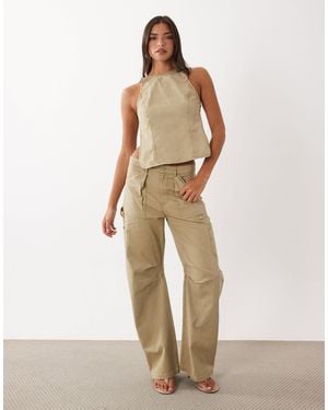 Lioness Miami Vice Low Rise Pocket Detail Cargo Wide Leg Jeans Co-ord - Natural