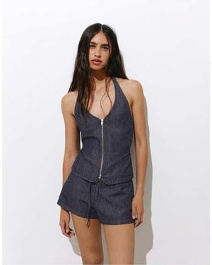 Pull&Bear Denim Haltertop Met Rits - Blauw