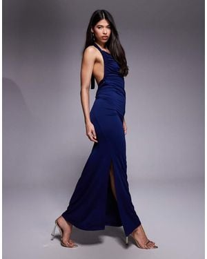 Aria Cove Double Layered Slinky Asymmetric Halterneck Low Twist Back Dress Maxi Dress - Blue