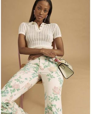 River Island Diamante Trim Crochet Polo Top - Natural