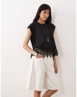Mango 100% Cotton Embroidered Hem T-Shirt - Black