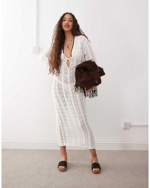Lioness Vestido Playero Largo Blanco Escotado Con Detalle De Abertura De Croché Soiree De - Neutro