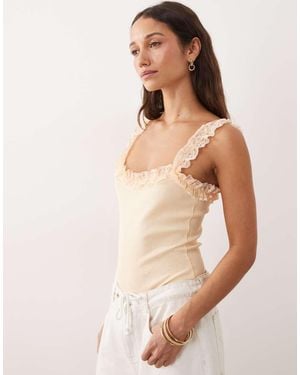 Miss Selfridge Ribbed Bodysuit With Lace Ruffle Detail - Natural