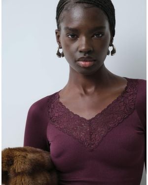 ASOS Seamless V Neck Lace Detail Long Sleeve Top - Purple
