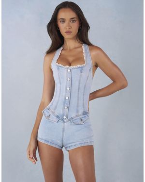 Oh Polly Denim Halter Neck Lace Detail Playsuit - Blue