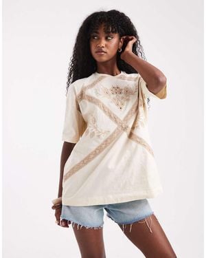 Miss Selfridge Lace Trim Oversized Tee - Natural