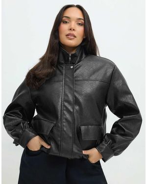 Yours Clothing Faux Leather Funnel Neck Jacket - Black