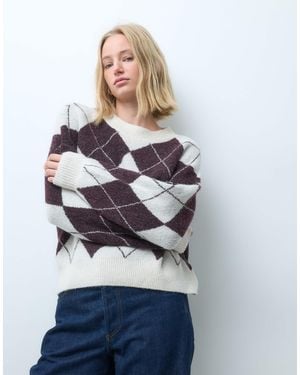 Vero Moda Pull oversize en maille à losanges bordeaux et crème - Gris