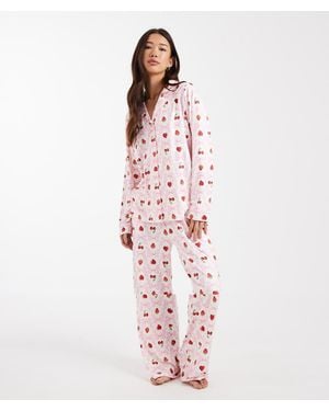 Threadbare Button Down Super Soft Pyjama Set With Strawberry Print - Pink