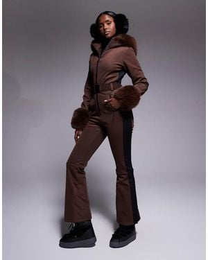 ASOS 4505 Ski & Snow Asos 4505 Ski Soft Shell Belted Ski Suit With Side Stripe And Faux-fur Trim - Brown